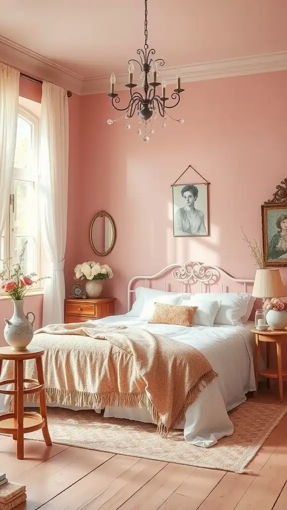 A cozy bedroom featuring dusty rose walls, a white bed, and soft textiles.