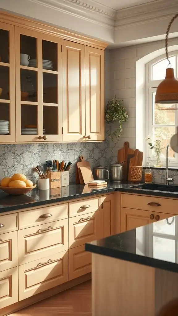 A kitchen with black granite countertops and earthy beige cabinetry, creating a warm and inviting atmosphere.