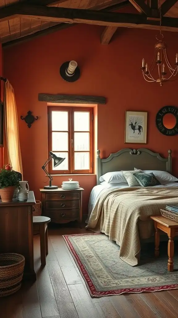 A cozy bedroom with earthy clay walls, wooden beams, and rustic decor.