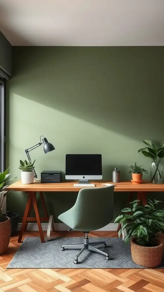 A cozy workspace featuring an earthy green wall with plants and wooden furniture.