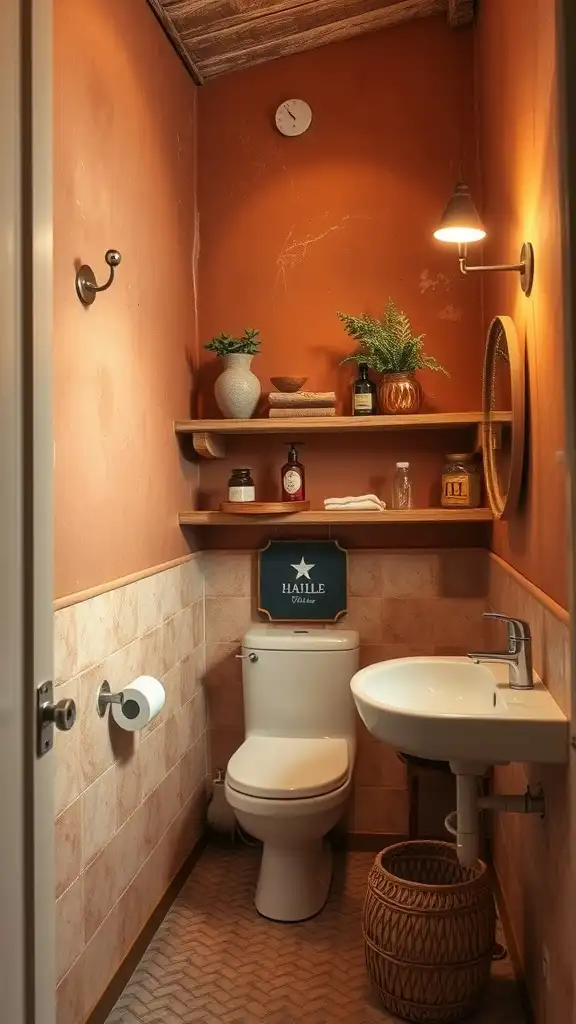 Small bathroom with earthy terracotta walls, wooden shelves, and natural decor.