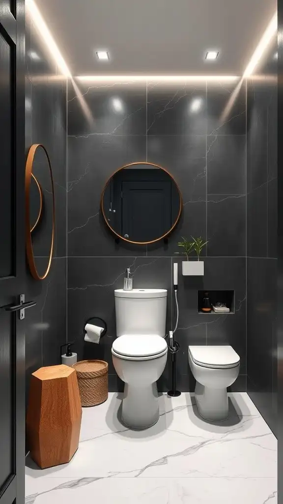 A small, modern bathroom featuring charcoal walls, white fixtures, and stylish decor.