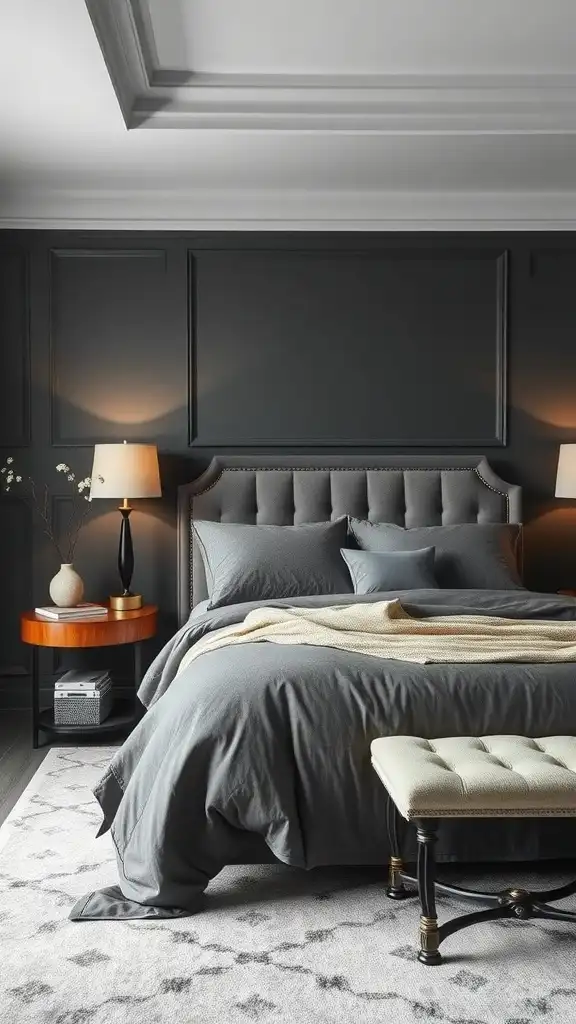 Master bedroom featuring elegant charcoal gray walls, a gray bedspread, and warm lighting.