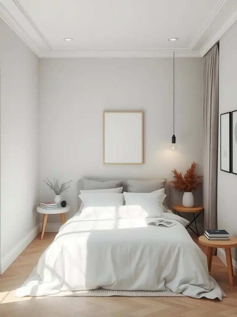 A stylish small bedroom featuring pale gray walls, a cozy bed, and warm accents.