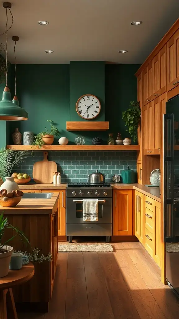 A kitchen featuring honey oak cabinets and forest green walls, with modern appliances and wooden accents.