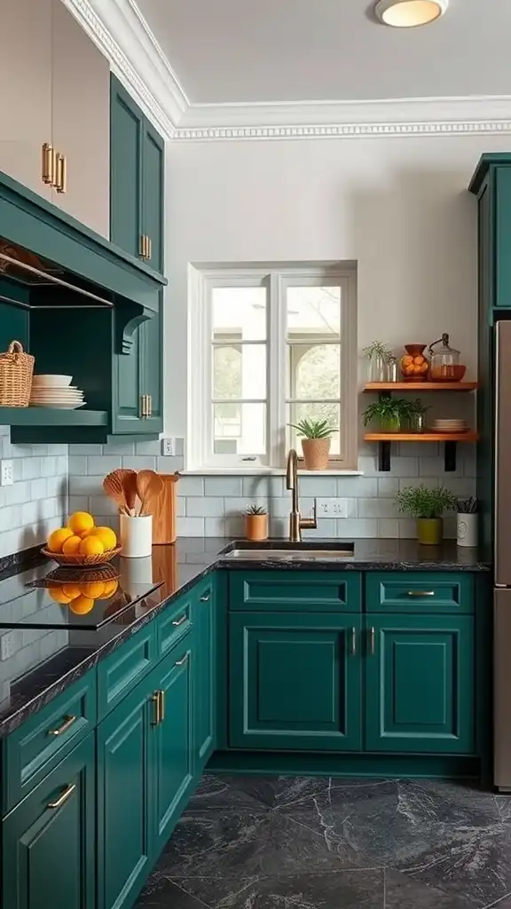 A modern kitchen featuring black granite countertops and forest green cabinets.