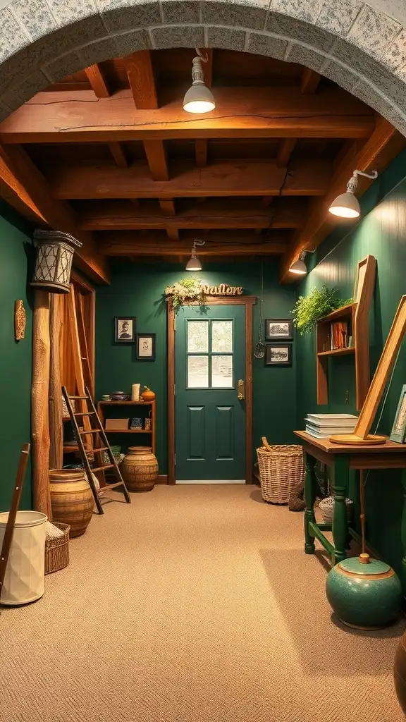 A rustic basement entrance with forest green walls and wooden accents.