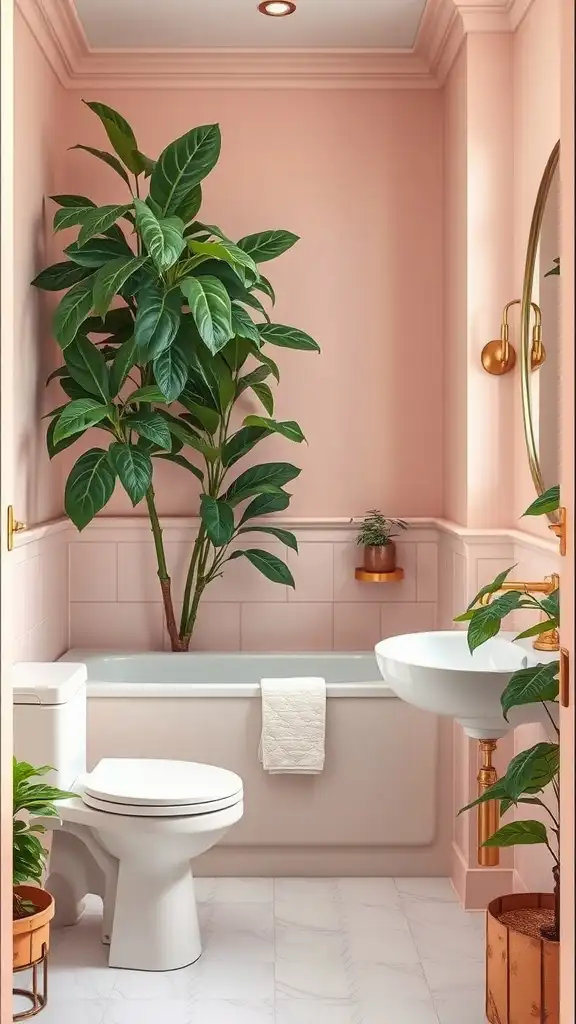 A small bathroom featuring gentle blush pink walls, a white bathtub, and a large green plant.