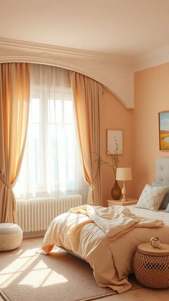 A softly decorated bedroom featuring gentle peach walls, soft curtains, and warm lighting.