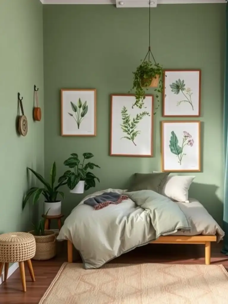 A small bedroom painted in sage green with plants and framed botanical art.