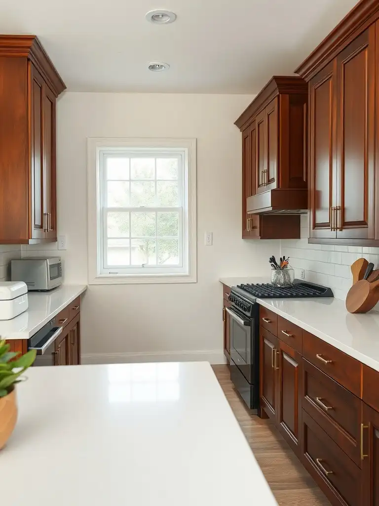 A kitchen featuring cherry cabinets and light-colored walls.