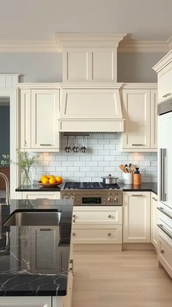 A modern kitchen featuring black granite countertops and ivory cabinets.