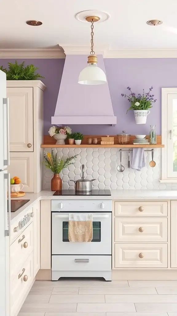 A kitchen featuring lavender walls and off-white cabinets with a cozy layout.