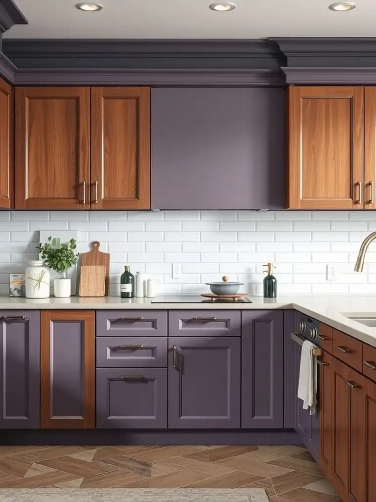 A kitchen with cherry cabinets and lavender gray upper cabinets.