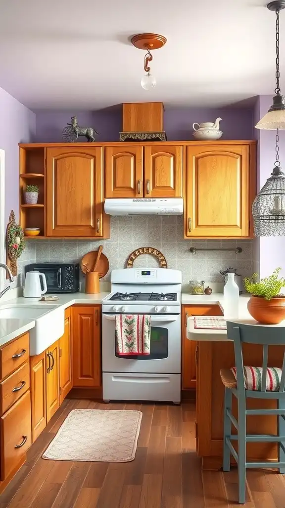 A kitchen with honey oak cabinets and lavender walls, featuring modern appliances and cozy decor.