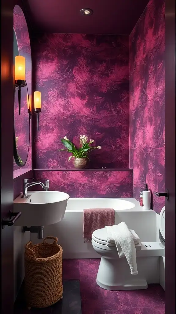 A small bathroom showcasing lavish deep plum walls and a stylish design.