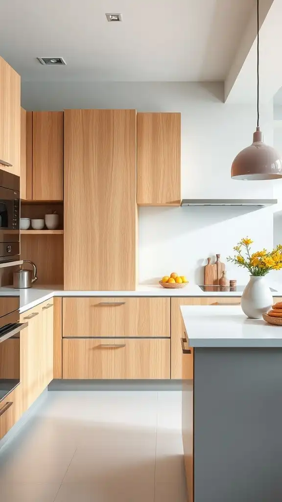 A modern kitchen featuring honey oak cabinets and light gray accents