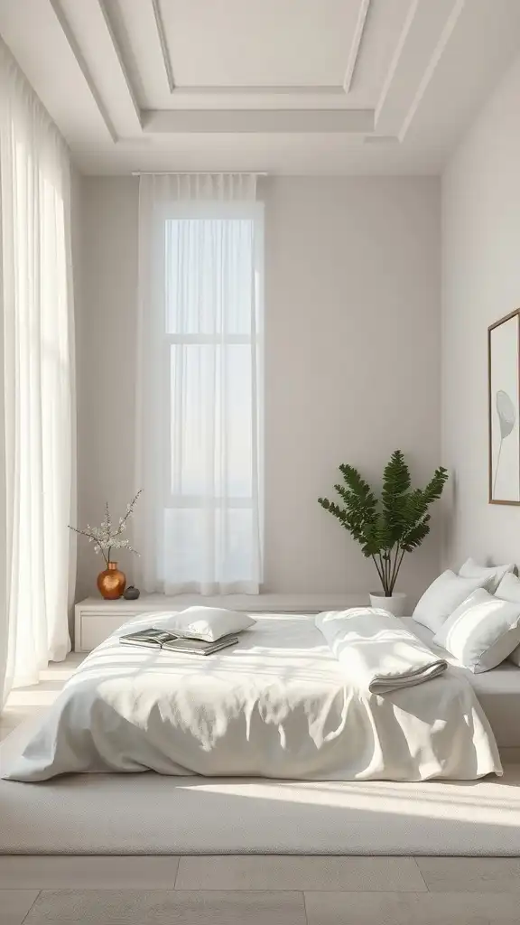 A bright and serene master bedroom featuring light gray walls, a cozy bed, and natural decor.