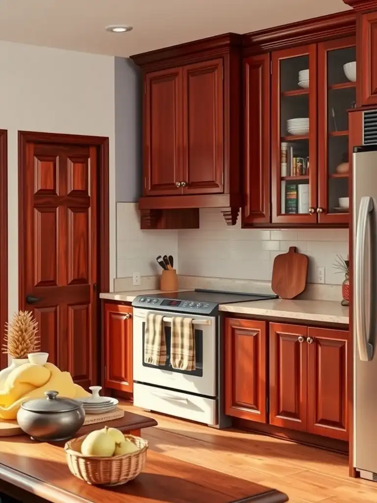 A kitchen featuring cherry cabinets and light gray walls, showcasing a warm and inviting atmosphere.