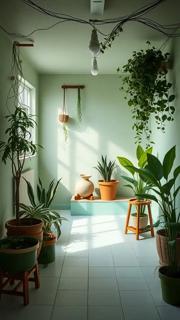 A bright, airy basement with light sage green walls and various potted plants.