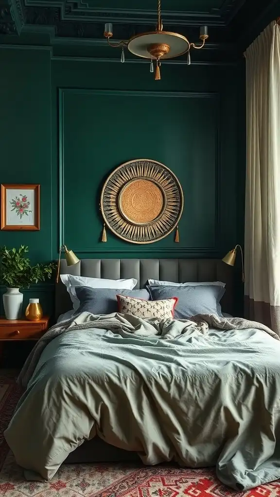 A bedroom featuring Lush Forest Green walls, a cozy bed, and warm decor.