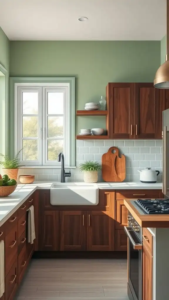 A kitchen featuring mint green walls and walnut cabinets