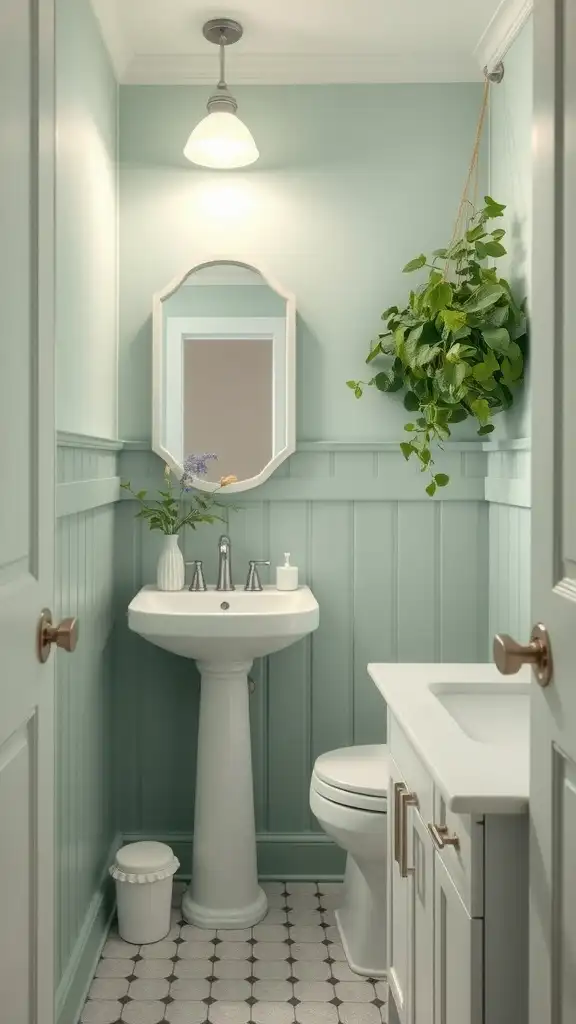 Small bathroom with mint green walls, white sink, and a hanging plant.