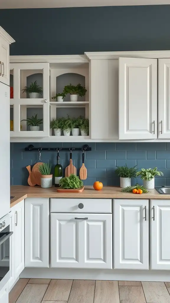 A kitchen featuring muted blue walls and white cabinets with plants and kitchen items.