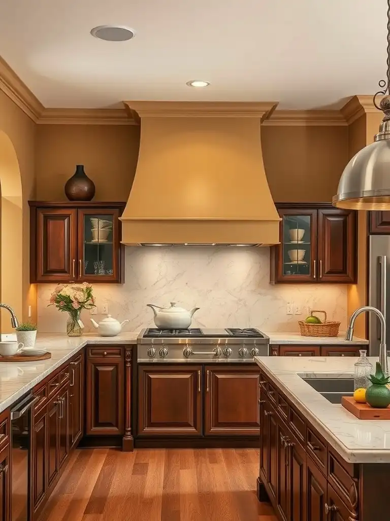 Kitchen with cherry cabinets and muted gold accents