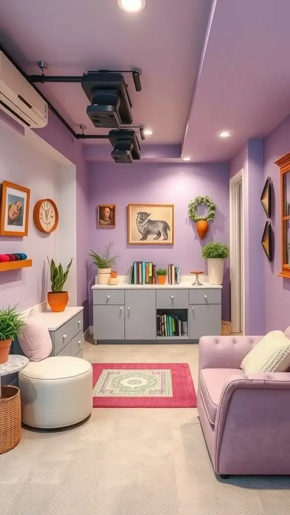 A cozy basement room painted in muted lavender with stylish furniture and decor.