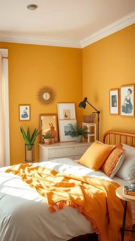 Cozy bedroom featuring muted mustard walls, a bed with orange accents, and decorative plants