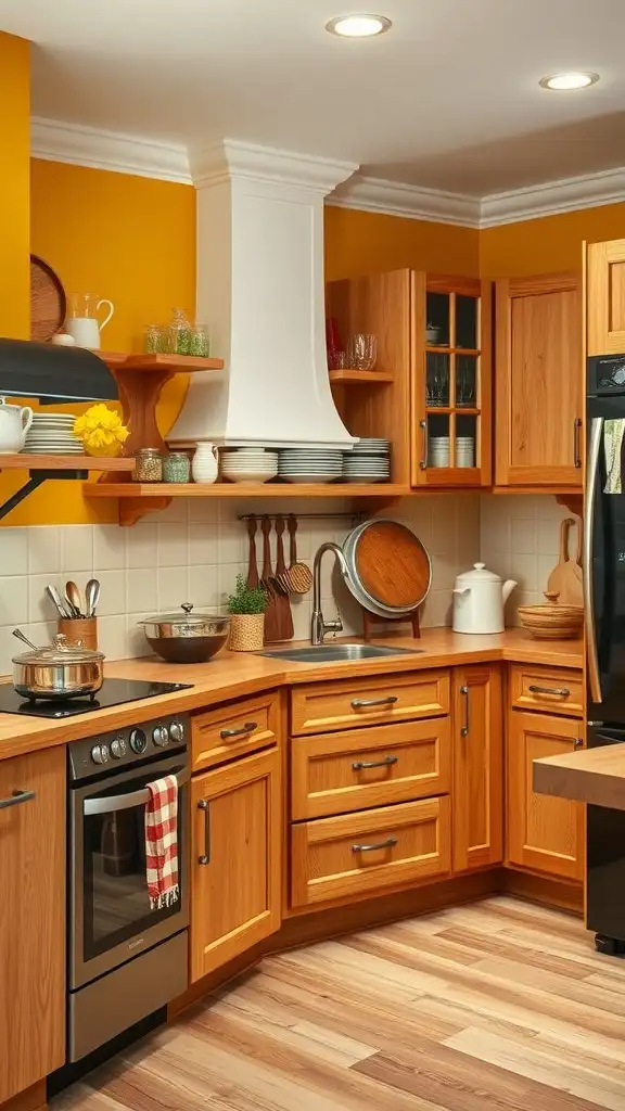 A kitchen featuring honey oak cabinets and muted mustard yellow walls.