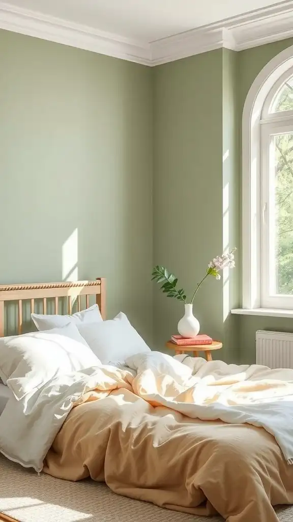 A cozy bedroom featuring muted sage green walls, a wooden bed with soft bedding, and natural light coming through a window.