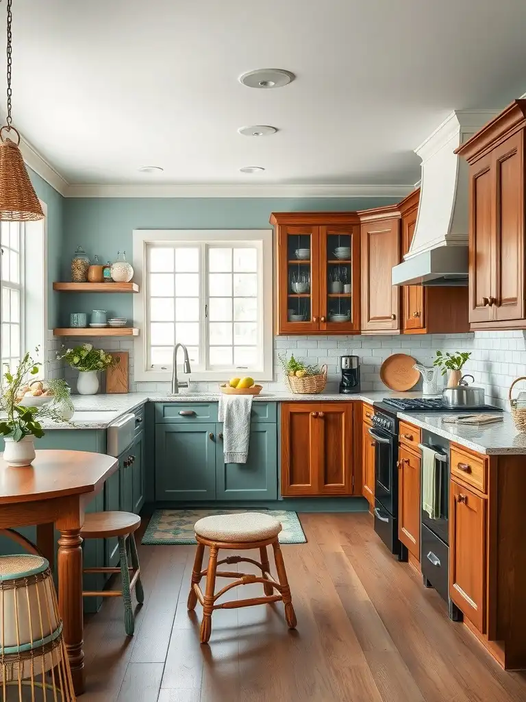 A kitchen featuring cherry cabinets and muted teal accents, highlighting a coastal feel.