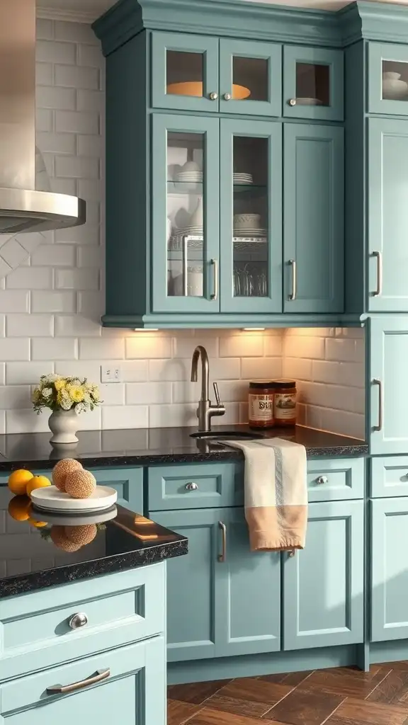 A kitchen featuring muted teal cabinets and black granite countertops.