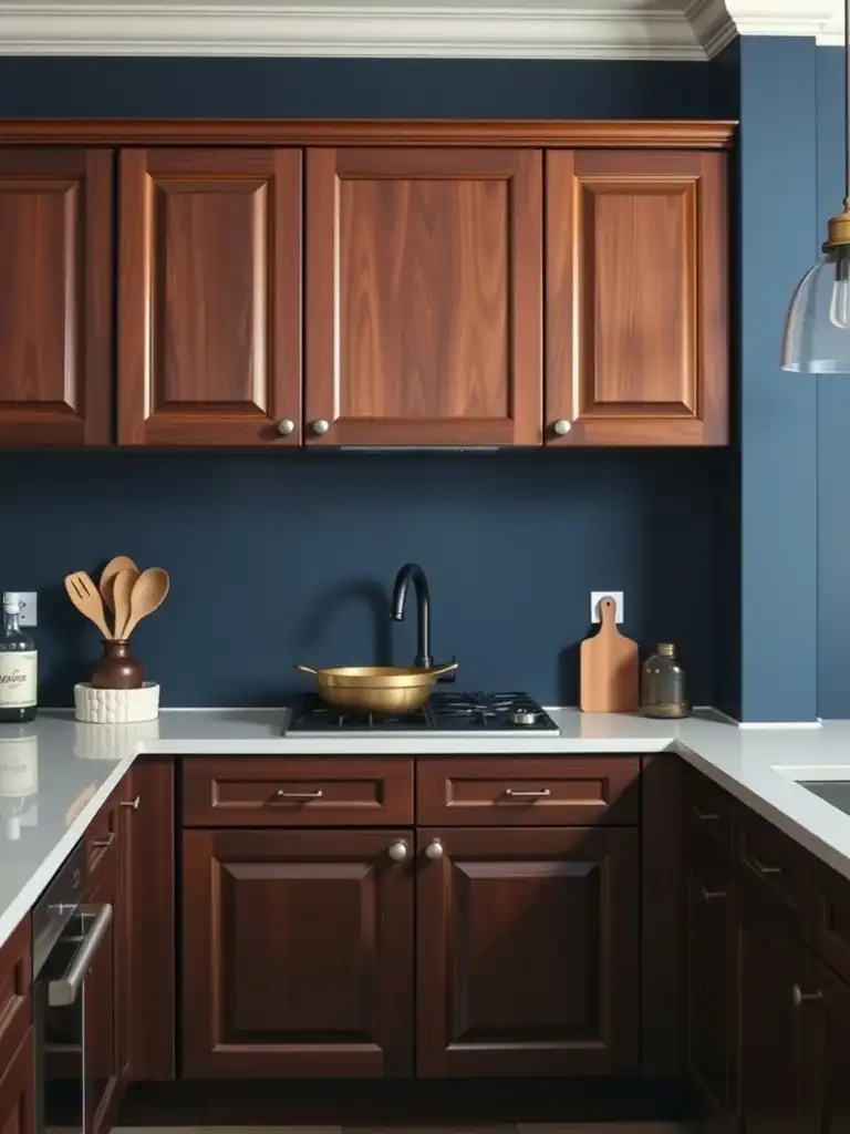 Kitchen featuring cherry cabinets and a navy blue wall.