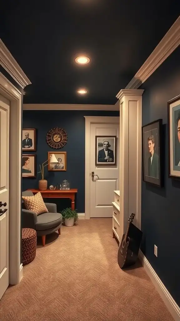 A hallway with navy blue walls, featuring framed portraits and warm lighting.