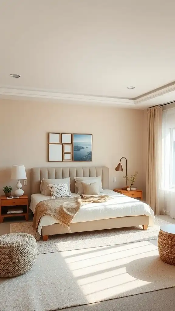 A cozy master bedroom with neutral beige walls, a plush bed, and warm decor