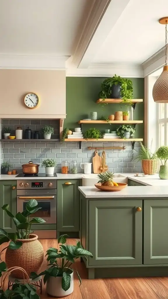 A kitchen featuring olive green cabinets and ivory accents, with plants and wooden elements.