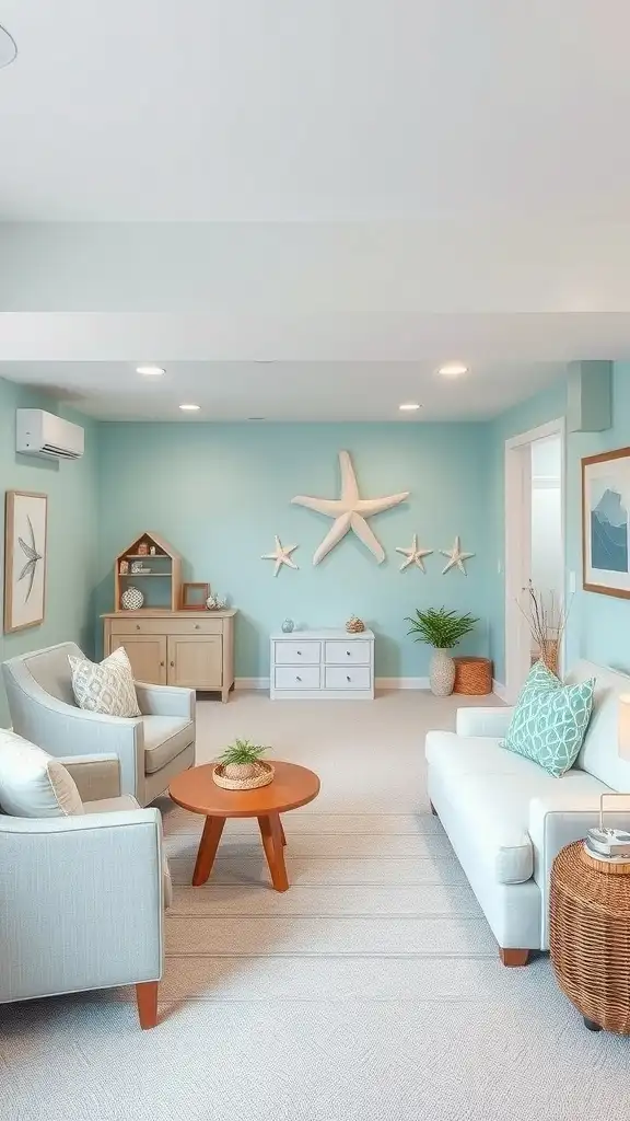 A basement living area painted in pale aqua color, featuring comfortable seating and decorative accents.