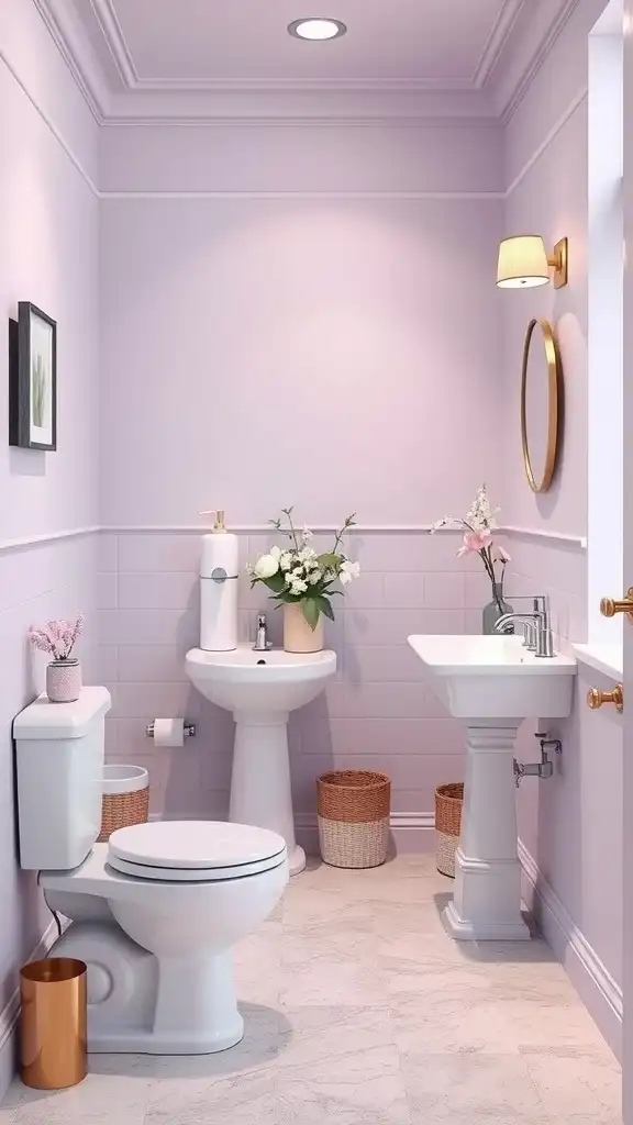 Small bathroom painted in pale lavender with modern fixtures and decor.