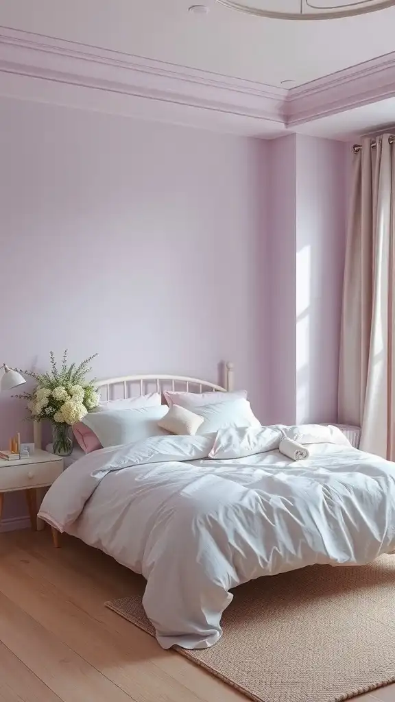 A serene bedroom with pale lavender walls, white bedding, and soft natural light.