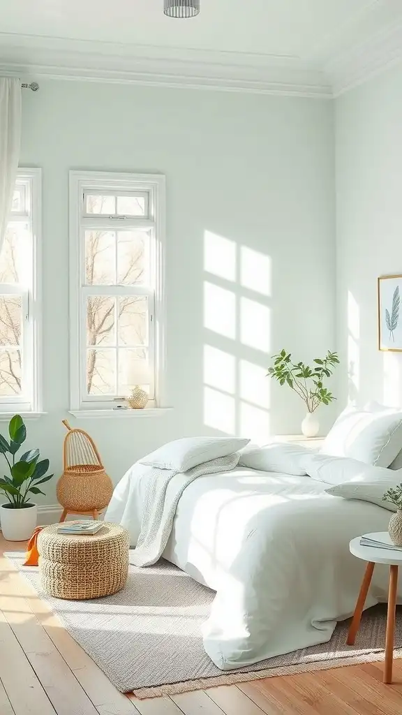 Brightly lit bedroom featuring pale mint walls, white bedding, and greenery.