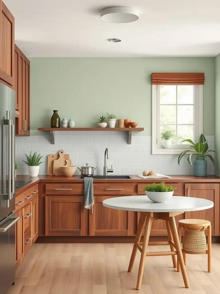 A modern kitchen featuring cherry cabinets and pale sage green walls