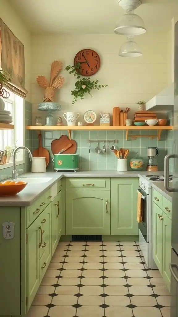 A kitchen featuring pastel green cabinets and cream accents, showcasing a cozy and inviting design.