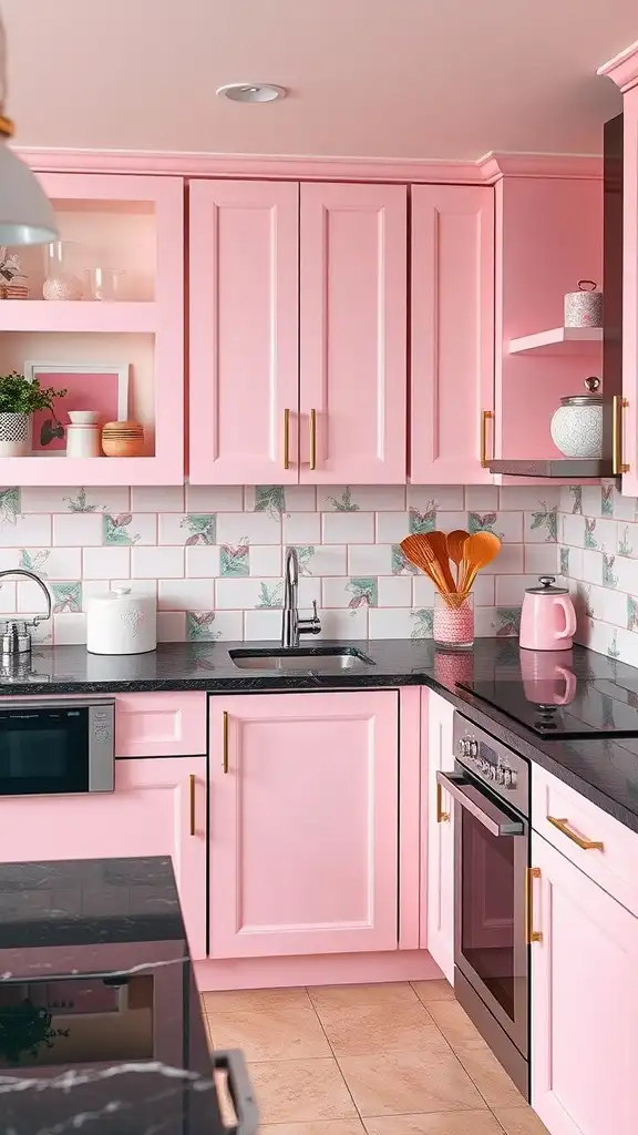 A kitchen featuring pastel pink cabinets and black granite countertops.