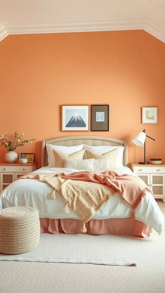 A cozy master bedroom with peach apricot walls, a neatly made bed, and soft decor.