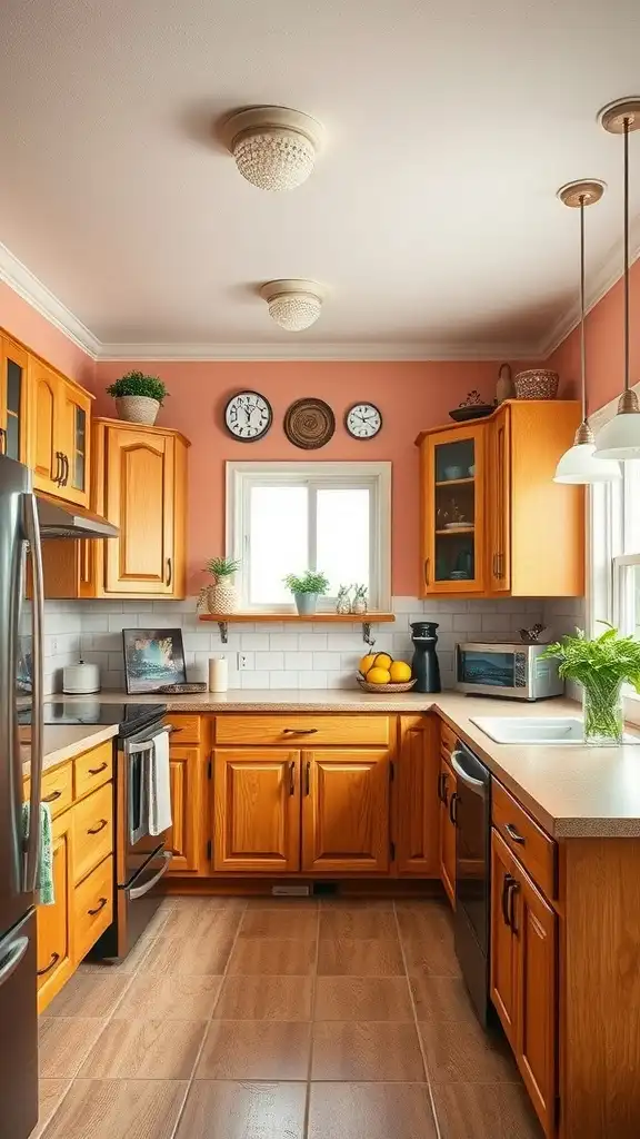 A kitchen featuring honey oak cabinets and peachy coral walls, with a bright window and stylish decor.