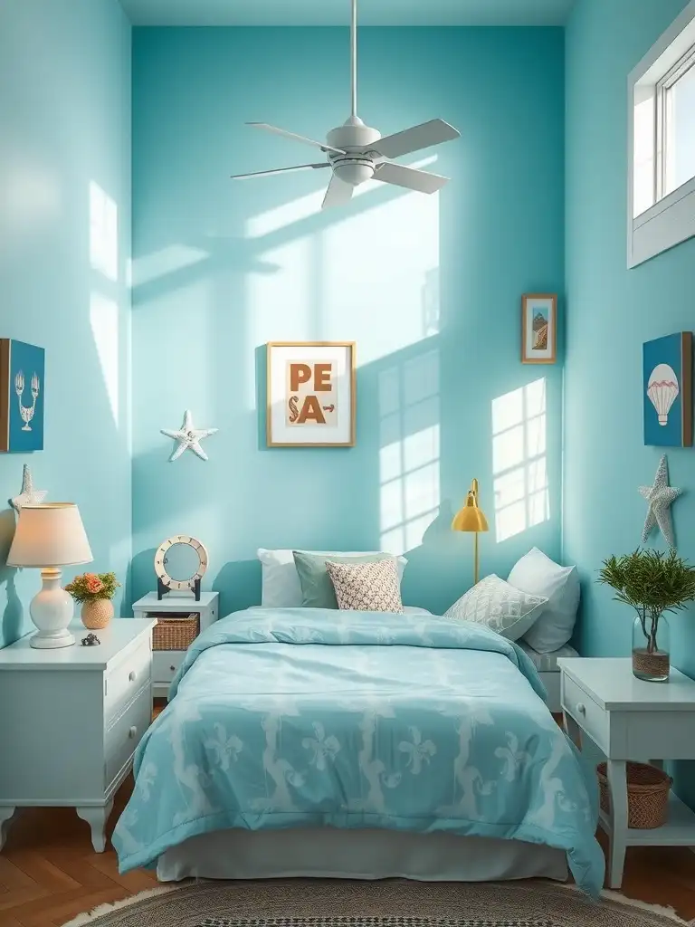 A small bedroom painted in light aqua with beach-themed decor.