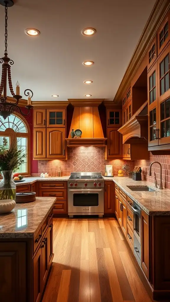 A beautifully designed kitchen featuring honey oak cabinets and rich burgundy walls.